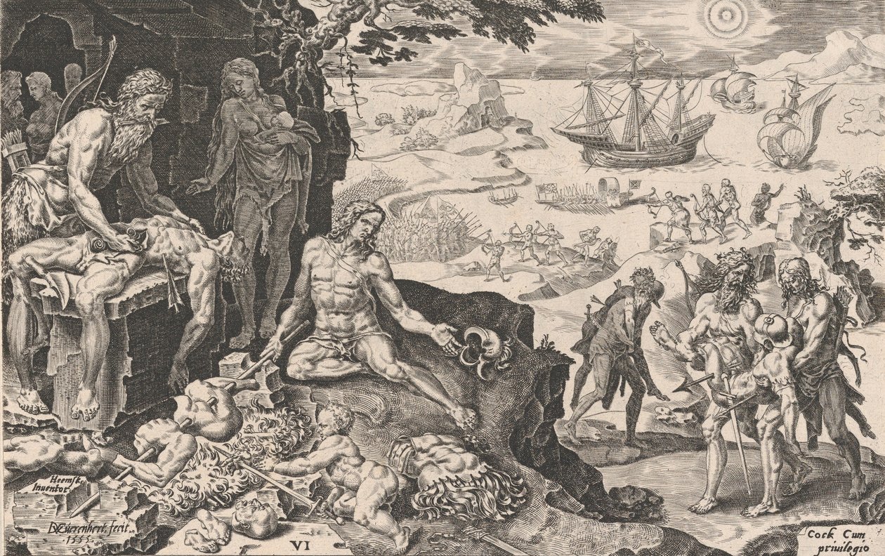 De kejserliga trupperna för med sig civilisationen till indianerna, från The Victories of Emperor Ch..., 1555. av Dirck Volkertsen Coornhert