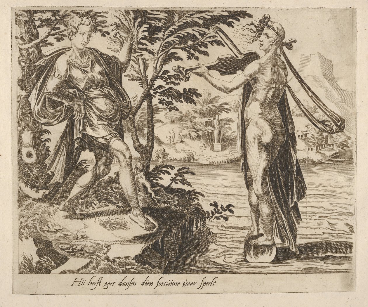 The One to Whom Fortune Is Playing Will Dance Merrily från Sex Sayings about Fortune, ca. 1560. av Dirck Volkertsen Coornhert