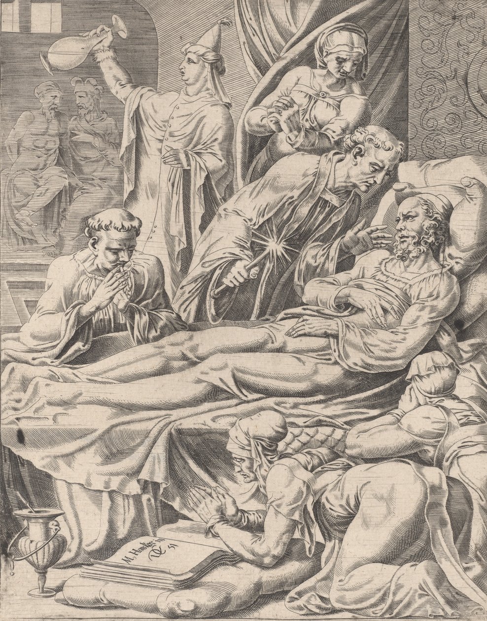 Den rike mannen på sin dödsbädd, från liknelsen om Lazarus och den rike mannen, plåt 2, 1551. av Dirck Volkertsen Coornhert