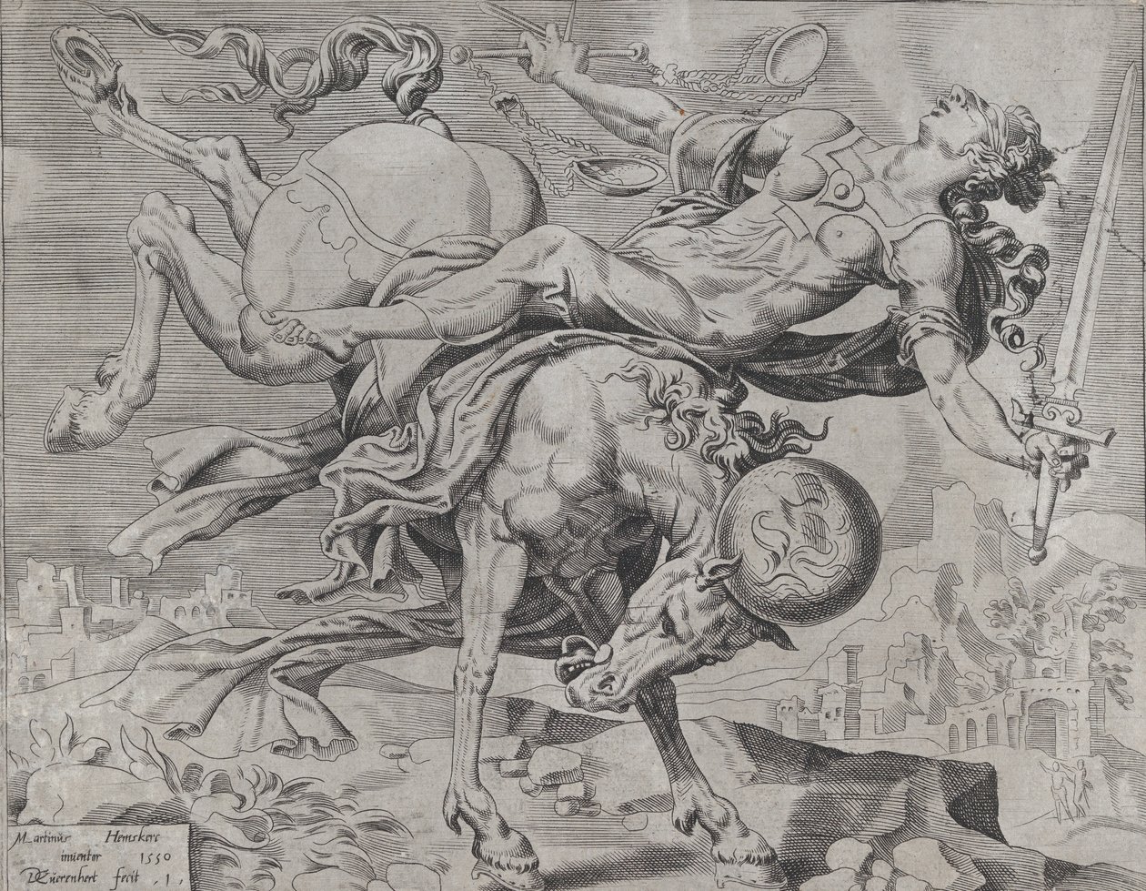The World Disposing of Justice, från The Unrestrained World, skylt 1, 1550. av Dirck Volkertsen Coornhert