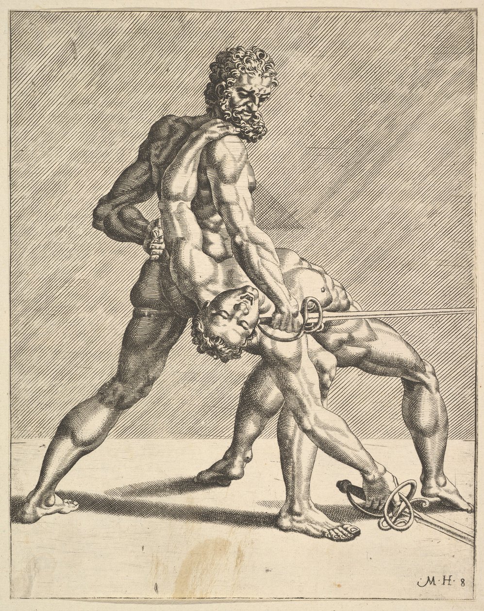 Två fäktare, från Fencers, skylt 8, 1552 av Dirck Volkertsen Coornhert