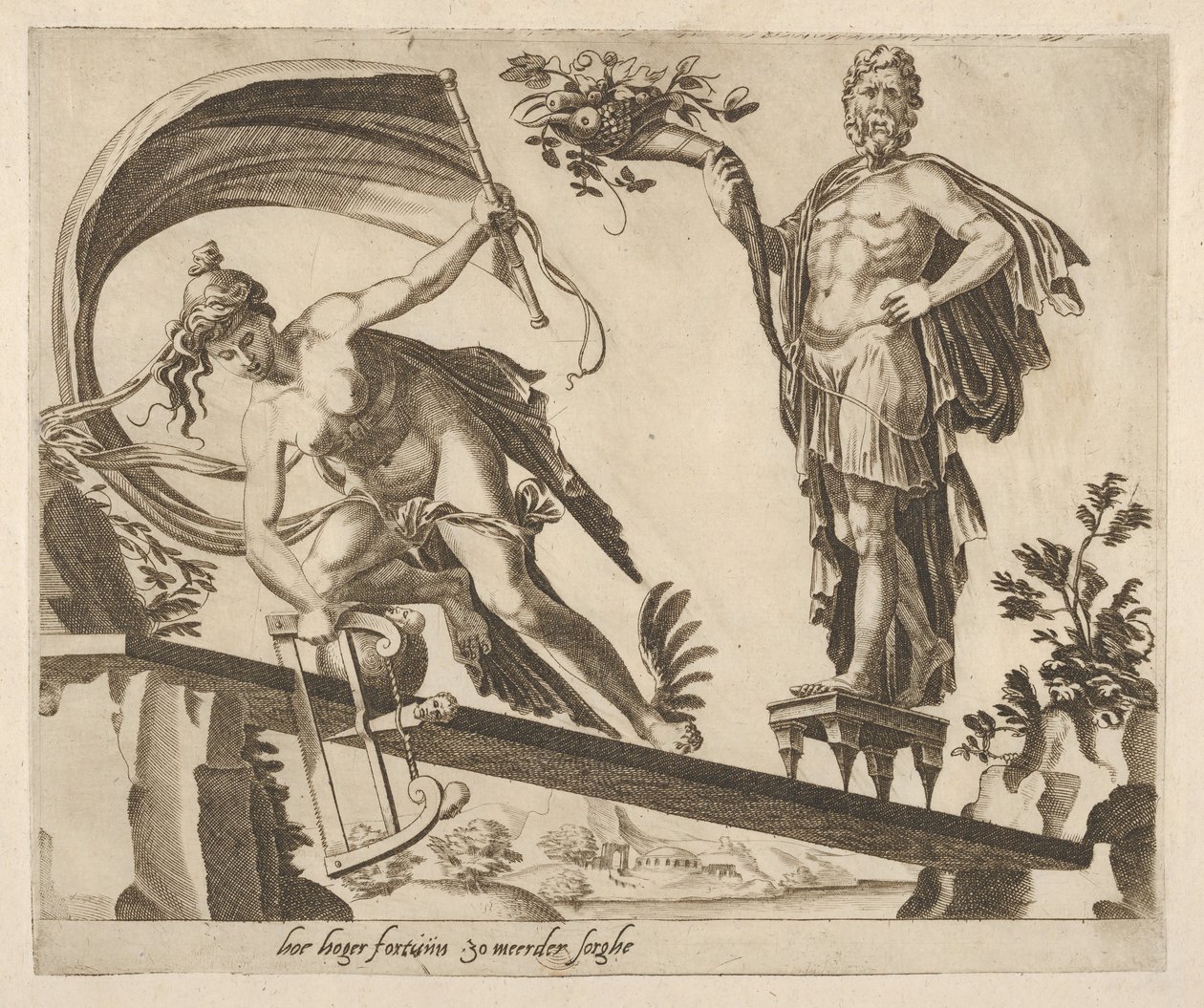 När förmögenheten är överflödig kommer fallet att bli djupare från sex ordspråk om förmögenhet, ca. 1560. av Dirck Volkertsen Coornhert