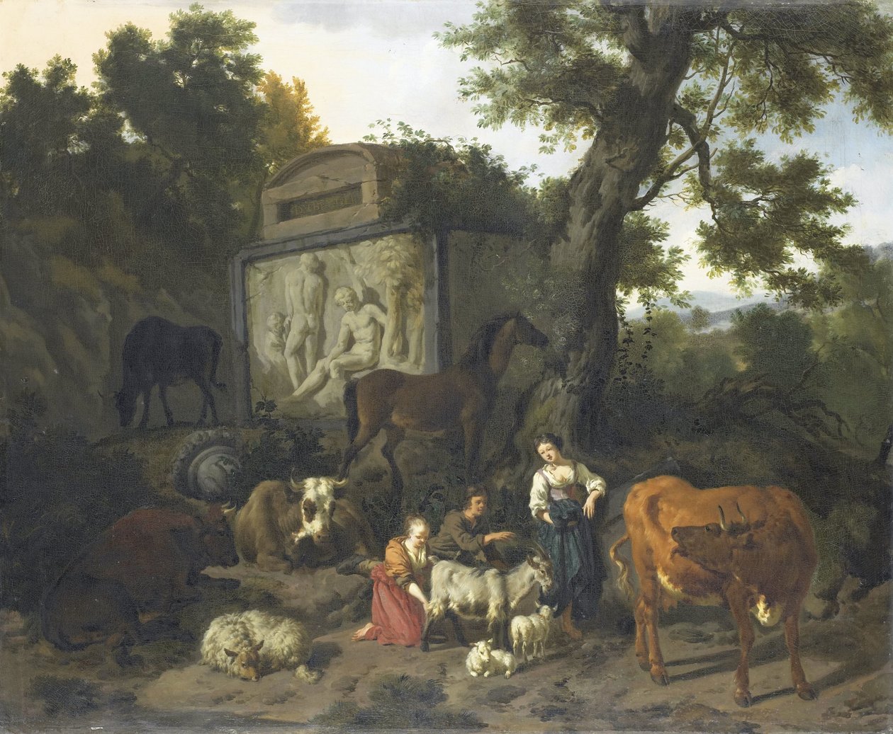Landskap med herdar och boskap nära en grav av Dirck van Bergen