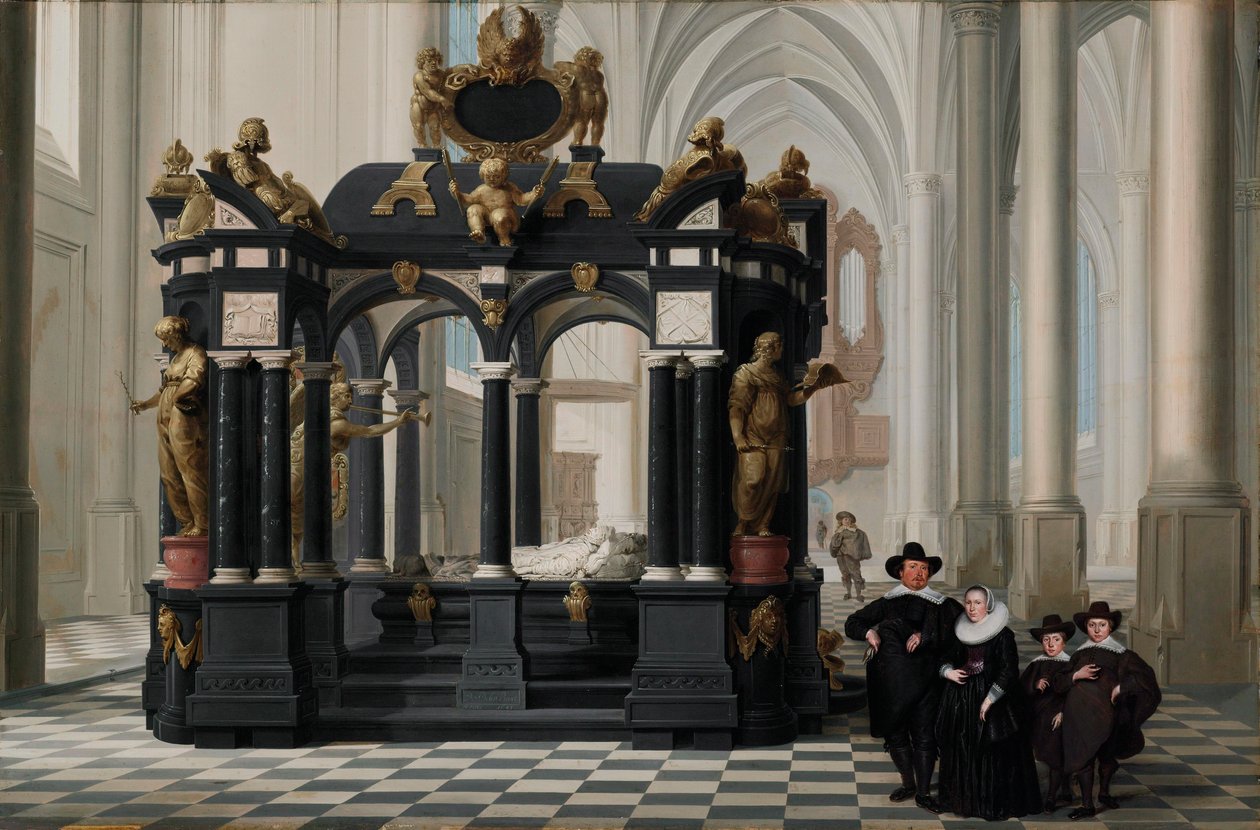 En familj vid prins Vilhelm i:s grav i Nieuwe Kerk, Delft av Dirck van Delen