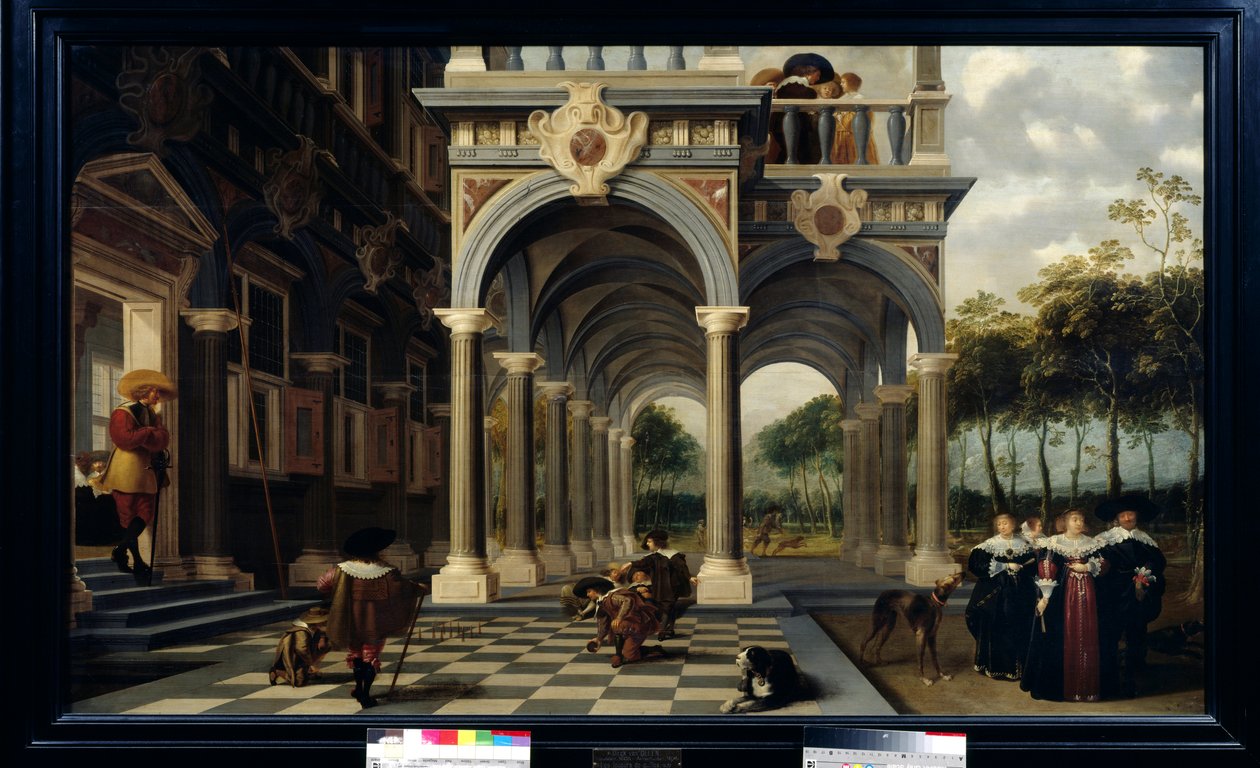 Bowlingspelare Spel bowling på ett rutgolv. Målning av Dirk Van Delen (1605-1671) av Dirck van Delen