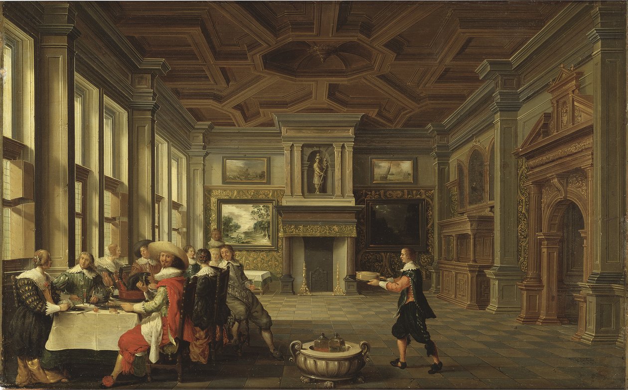 Diner distingue dans un interieur - Distinguished Dinner Company in an Interior, av Delen, Dirck van (ca 1605-1671). Olja på duk av Dirck van Delen