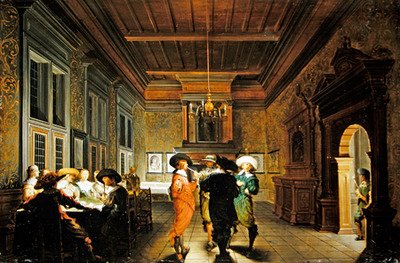Interiör med kortspel (olja på panel) av Dirck van Delen