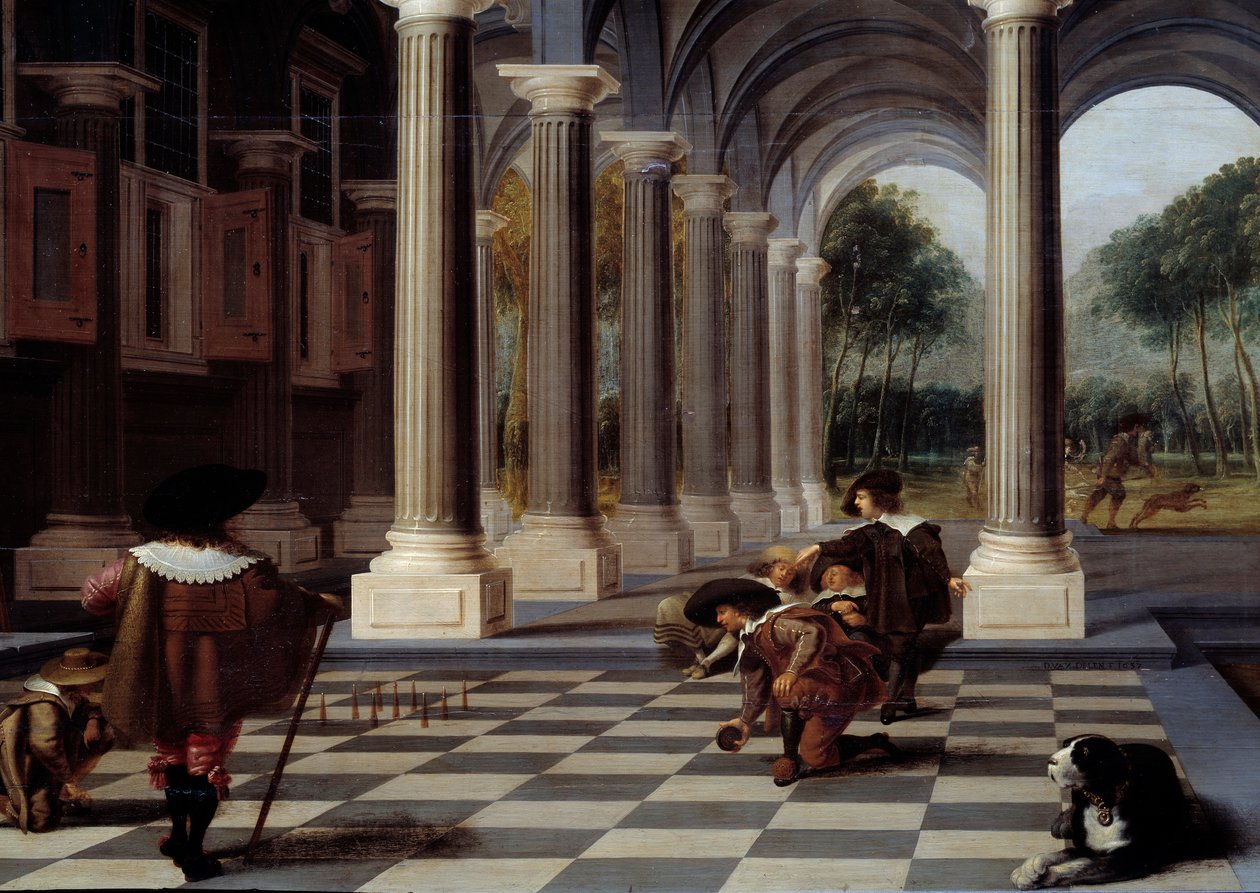 Skitel Players Spel med bowling på ett rutgolv. Detalj. Målning av Dirck Van Delen (1605-1671) av Dirck van Delen