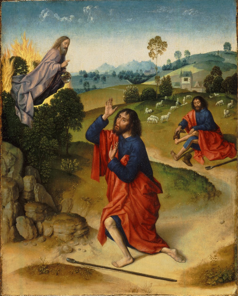 Moses och den brinnande busken, med Moses som tar av sig sina skor, ca 1465 av Dirk Bouts