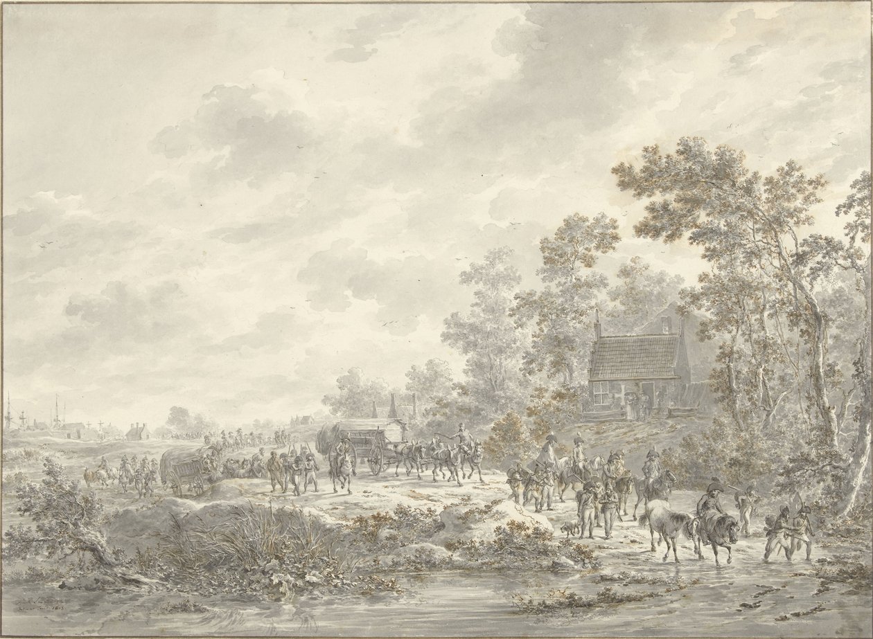 En armé marscherar genom en by av Dirk Langendijk
