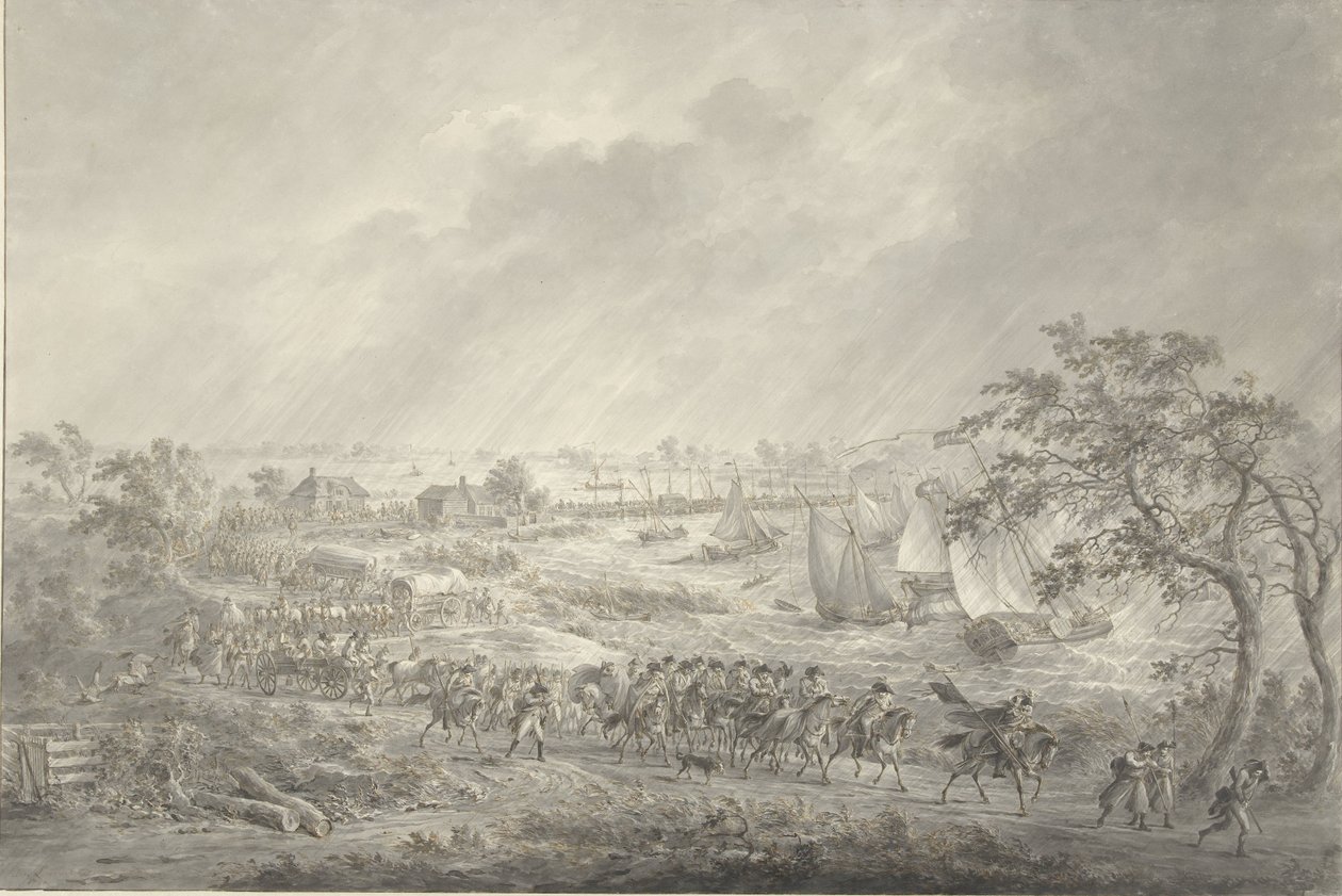 Korsning av de engelska och hannoverianska trupperna från Nijmegen till fastan över skeppsbron över Waal, 7 november 1794 av Dirk Langendijk