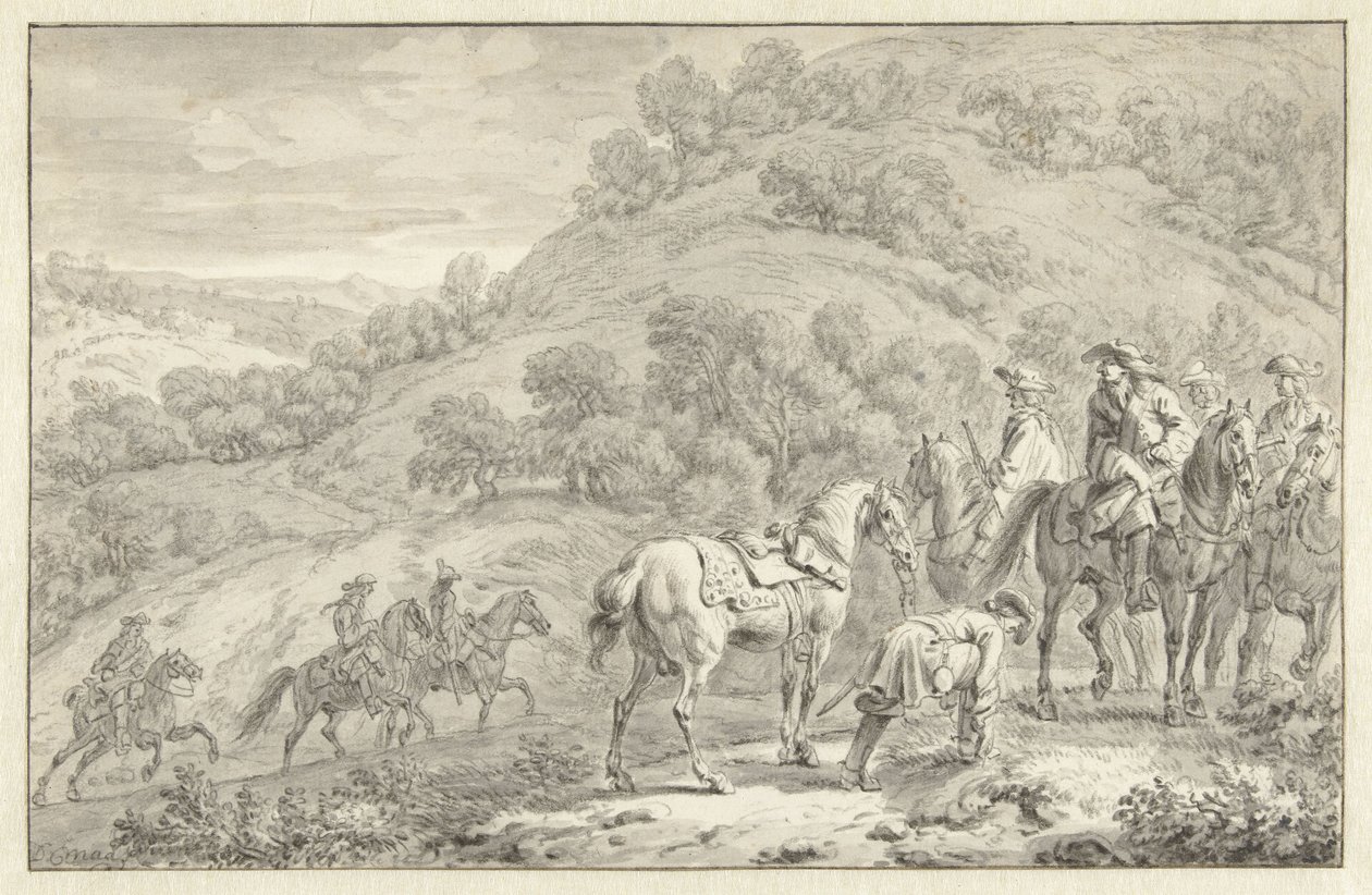 Bergslandskap med en nedstigen ryttare och andra jägare till häst av Dirk Maas