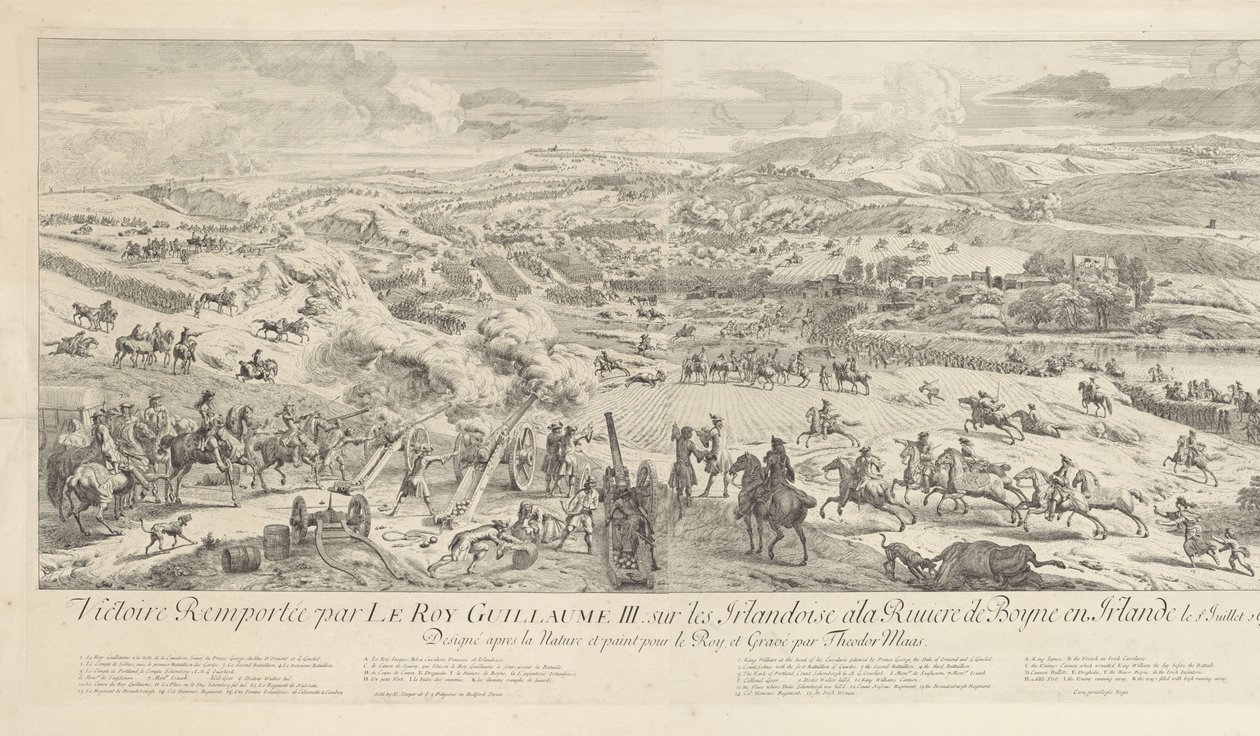 Slag bij Drogheda aan de Boyne, 1 juli 1690 Seger vunnen av Le Roy Guillaume III. om de irländska kvinnorna vid Boyne River i Irland den 1 juli 1690 (titel på objektet) av Dirk Maas