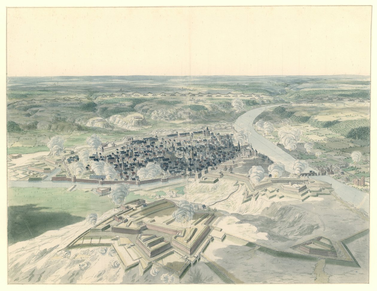 Utsikt över Namur från väster under belägringen 1695 av Dirk Maas
