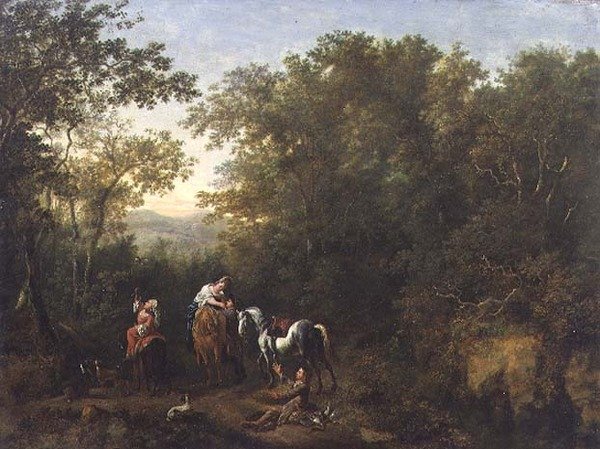 A Hawking Party in a Wooded Landscape (olja på panel) av Dirk Maes