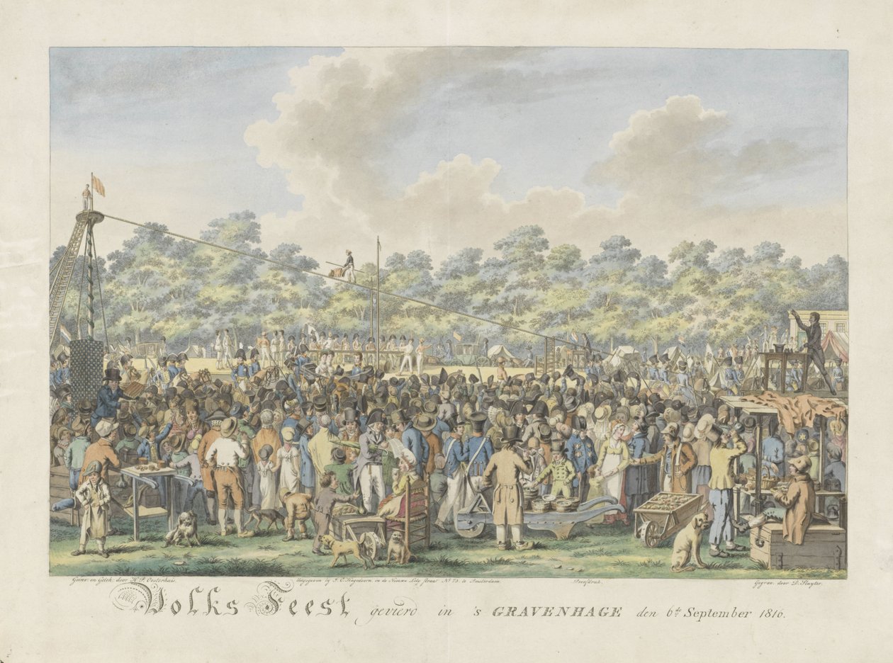 Folkfestival för att hedra ankomsten av Willem Frederik George Lodewijk, Nederländernas arvprins och Anna Paulowna, storhertiginnan av Ryssland Folkfest som firades i Haag den 6 september 1816 (titel på objekt) av Dirk Sluyter