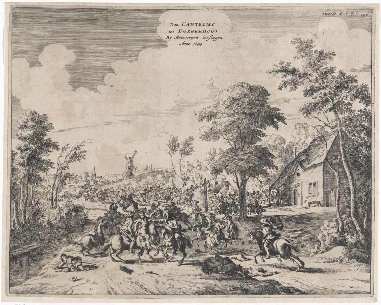 Spanjorerna under Don Cantelmo besegrade vid Borgerhout, 1643 Don Cantelmo tot Burgerhout By Antwerp Struck Anno 1643 (titel på objekt) av Dirk Stoop