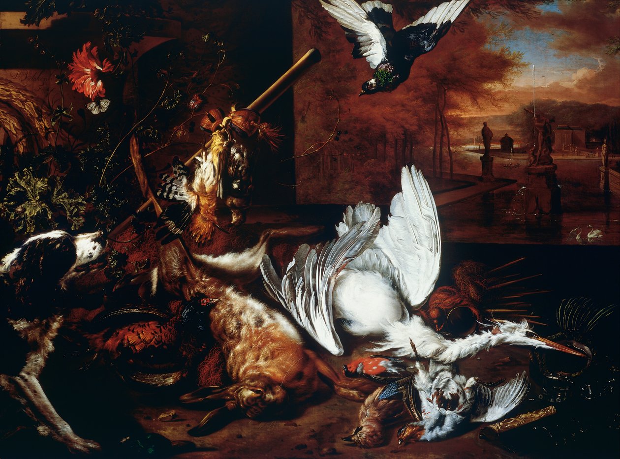 Stilleben med Dead Heron och Dog skällande på Bird av Dirk Valkenburg