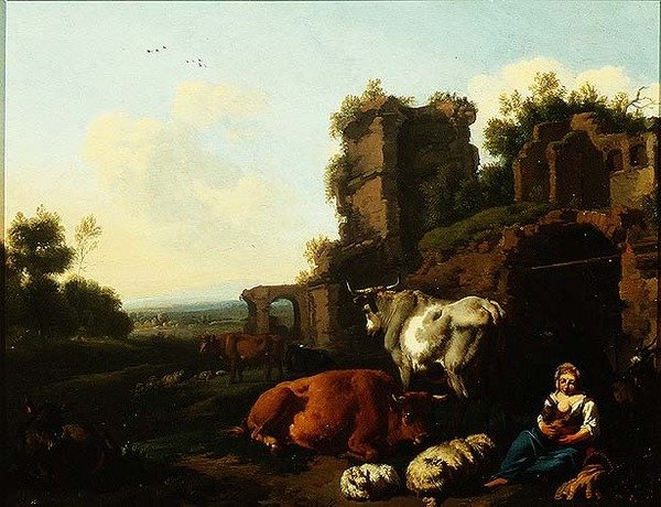 Landskap med herdinna, ca 1670 (olja på panel) av Dirk van Berghen