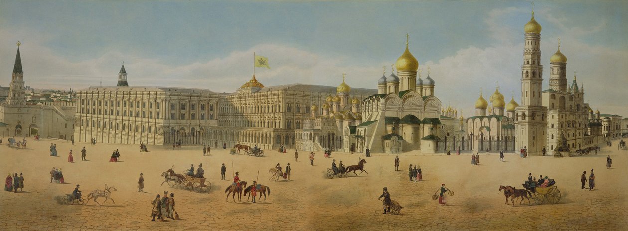 Det stora Kremlpalatset och bebådelsens och ärkeängelns katedraler, från ett panorama av Moskva, graverat av Philippe Benoist (1813-c.1905) och Aubrun, pub. av Lemercier, ca 1840 (litho av Dmitri Indieitzeff