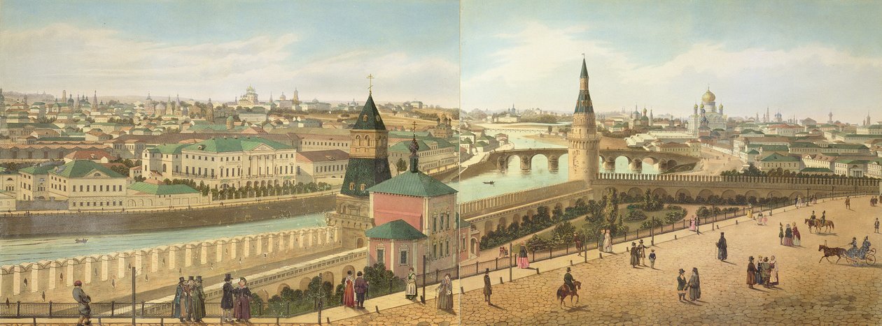Utsikt nedför floden från Kreml inklusive Vår Frälsares kyrka, från ett panorama av Moskva, graverat av Philippe Benoist (1813-c.1905) och Aubrun, pub. av Lemercier, ca 1840 av Dmitri Indieitzeff