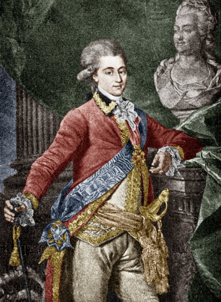 Alexander Dmitrievich Lanskoy (1758-1784) rysk militär, älskare till Katarina II av Ryssland, gravyr kolorerat dokument av Dmitri Grigor