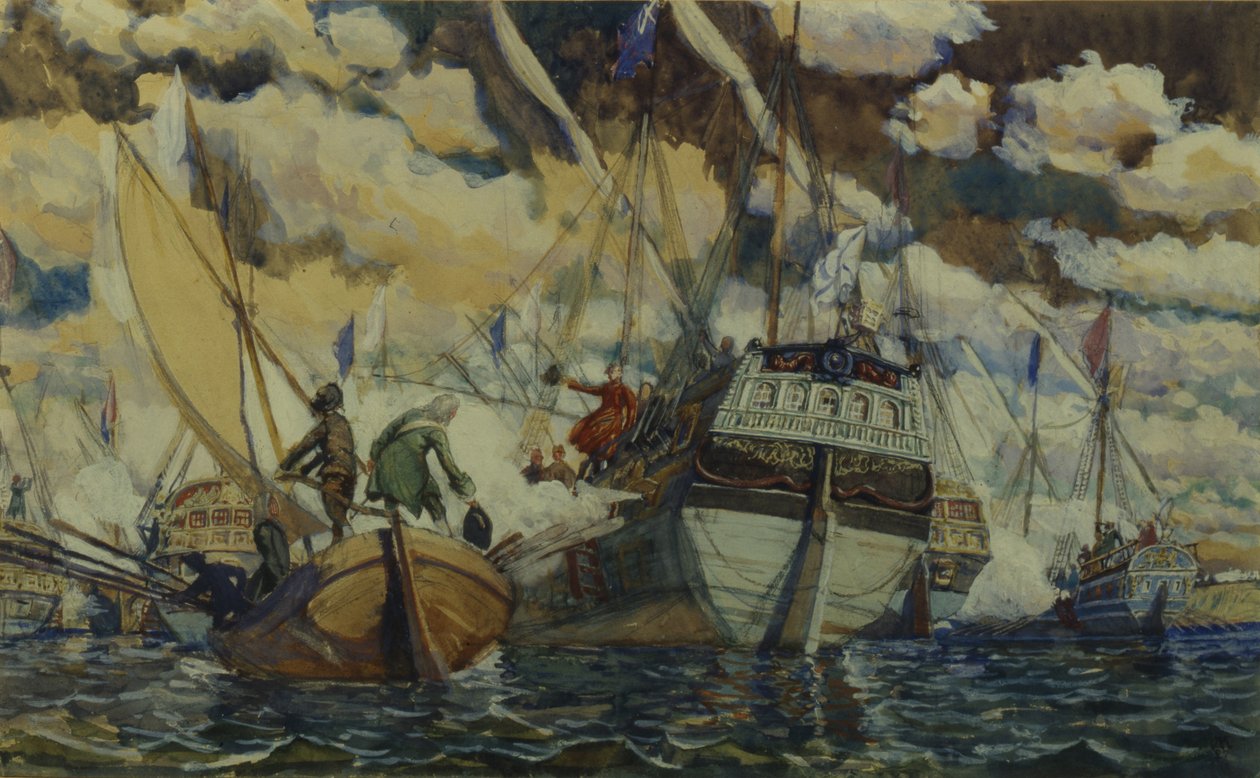 Peter I och Lefort. Peter I:s flotta vid sjön Pleshcheyevo, 1927 av Dmitri Nikolayevich Kardovsky