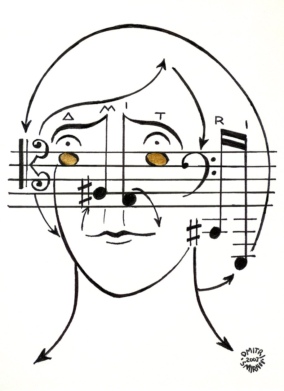 Dmitri "Smirnoff" - porträtt av den ryske kompositören, ritat med hjälp av musikalisk notation av Dmitri Smirnov