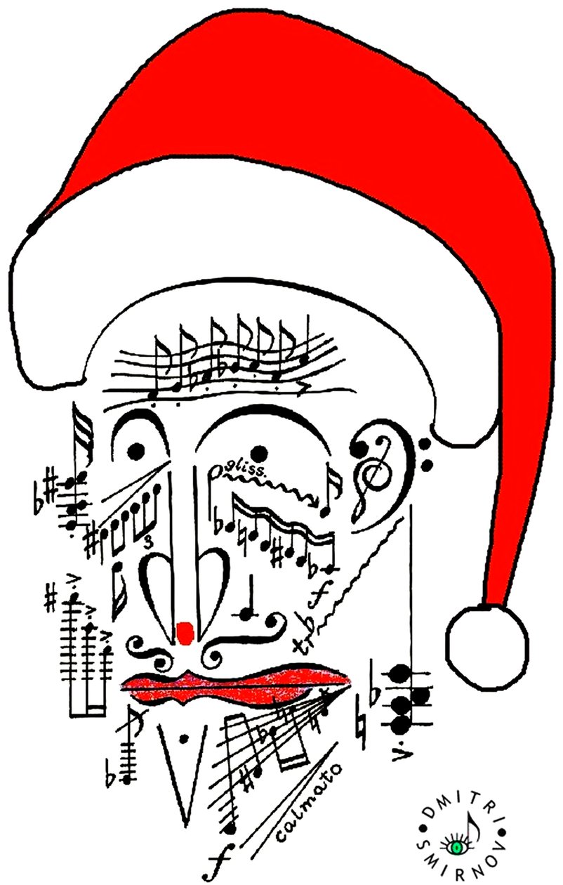 Musical Santa - huvudet på jultomten - jultomten ritad med musikalisk notation och bär en röd hatt av Dmitri Smirnov