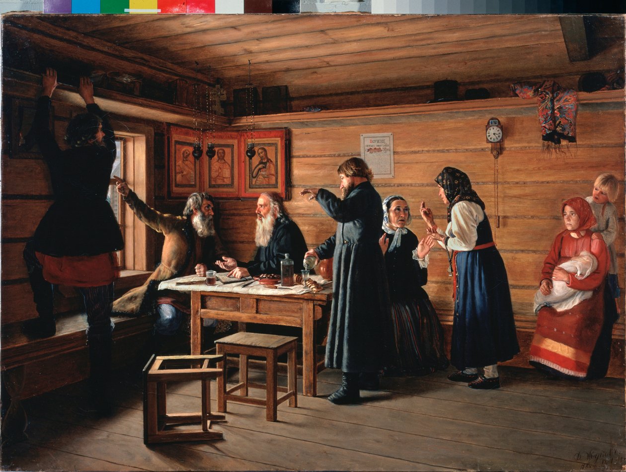 Religious Controversy - Målning av Dmitri Yegorovich Zhukov (1841-1903), olja på duk av Dmitri Yegorovich Zhukov