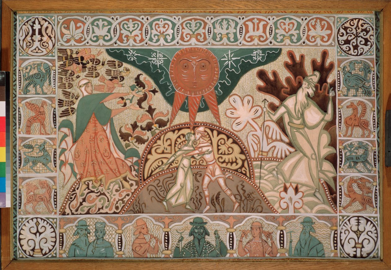 Scengardindesign för operan ""The Snow Maiden"" av Nicolas (Nikolai) Rimsky Korsakov (Rimsky-Korsakov) (1844-1908) (gardindesign för operan Snow Maiden av N Rimsky Korsakov) - Verk av Dmitri Semyonovich Stelletsky ( 1875-1947), gb av Dmitry (Dmitrij) (1875 1947) Stelletsky