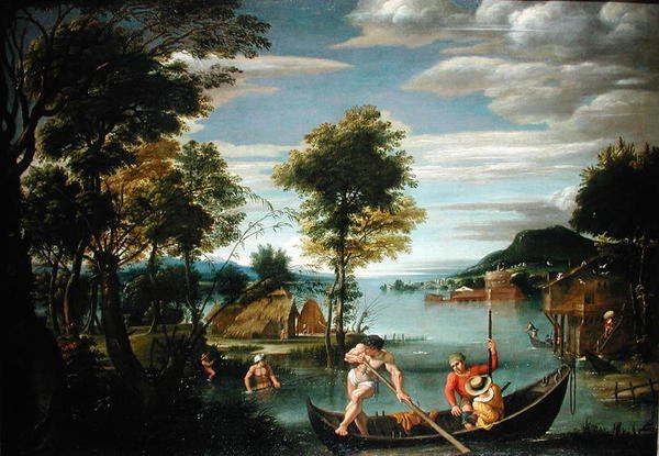 Landskap med båtar (olja på duk) av Domenichino