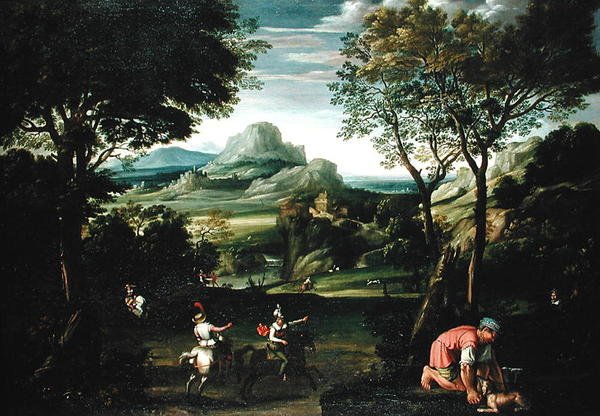 Landskap med båtar, eller Landskap med jaktscen (olja på duk) av Domenichino