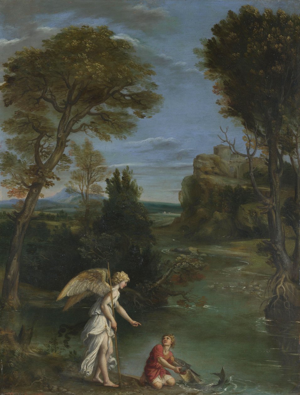 Landskap med Tobias som håller i fisken, ca 1615 (olja på koppar) av Domenichino