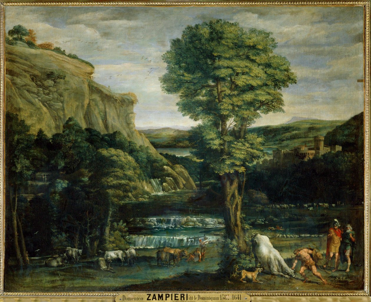 Paysage avec Hercule combattant Achelaos change en toreau - Landskap med Hercules som kämpar mot Achelaos som förvandlats till en tjur ... av Domenichino (1581 1641)