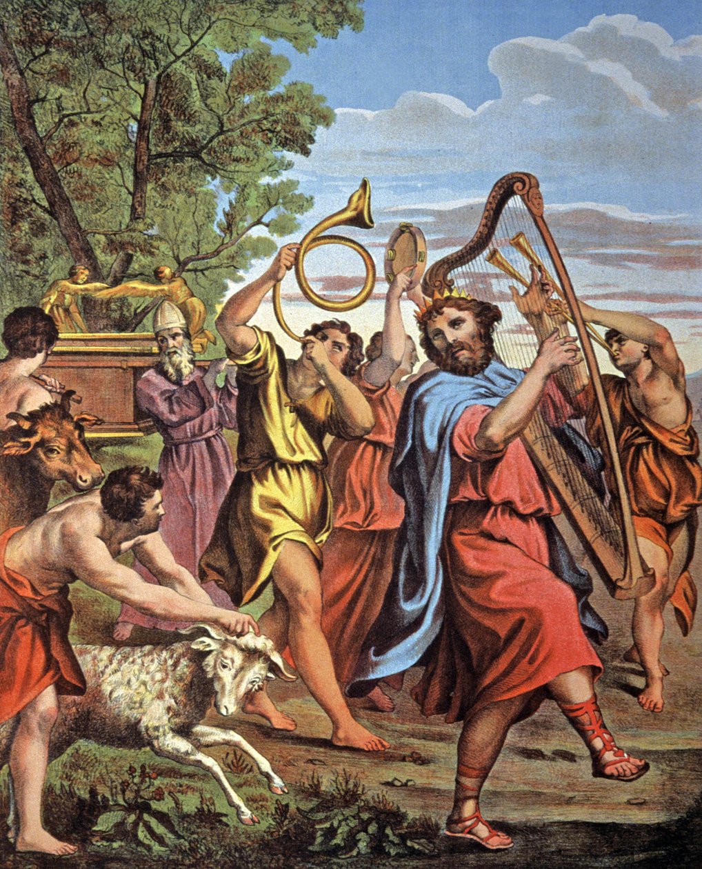 Kung David tar tillbaka förbundsarken, mitten av 1800-talet (litografi) av Domenichino (1581 1641) (after)