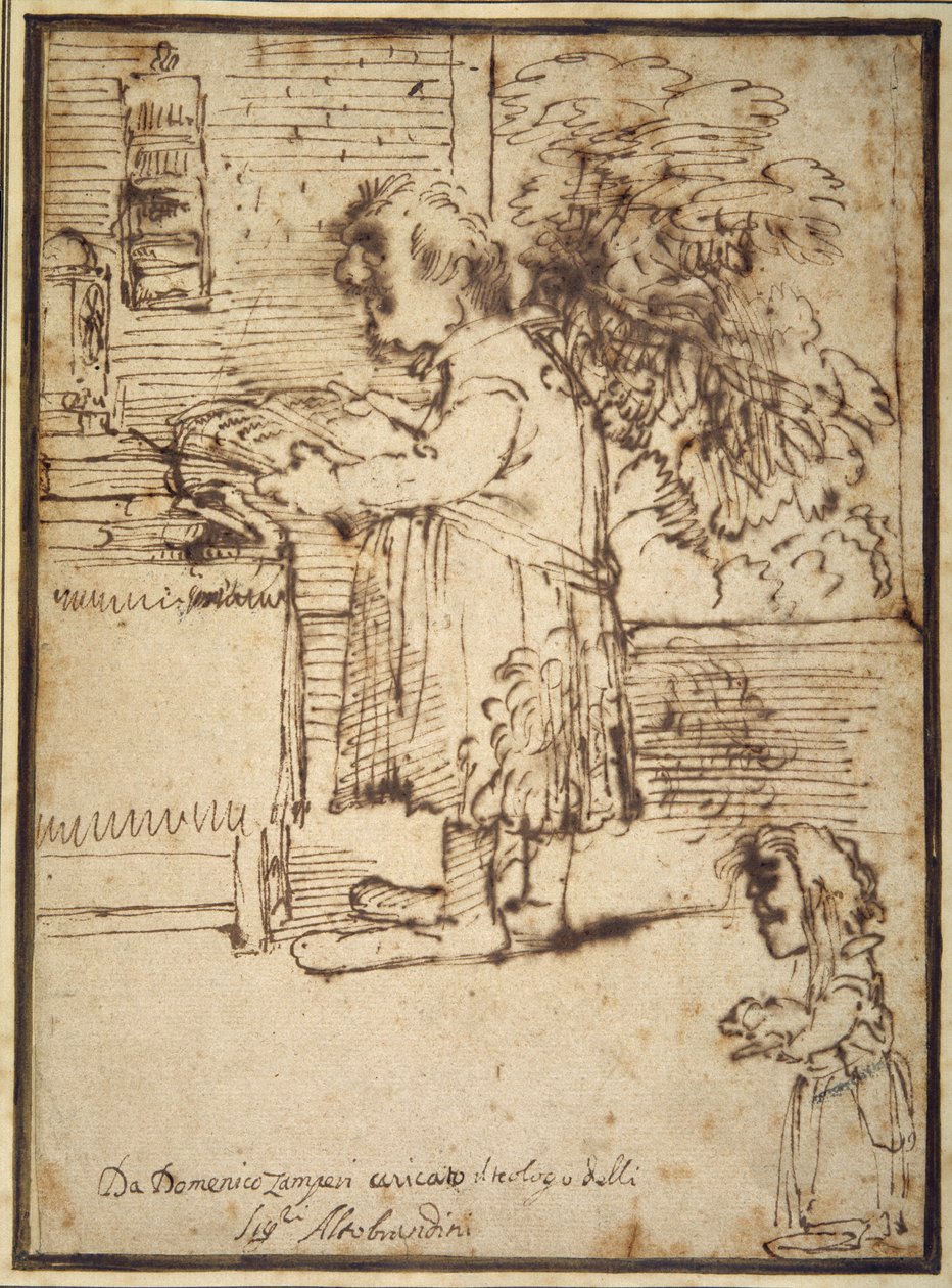 Karikatyr av Aldobrandini-teologen, med en kvinnlig dvärg som håller sin hund (penna och bläck på papper) av Domenichino