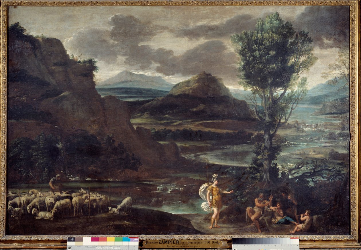 Herminie bland herdarna Illustration av en scen av "The Jerusalem delivree" (La gerusalemme liberata) av Torquato Tasso (känd som Muggen). Herminie dyker upp för herdar som bär Clorindes rustning. Målning av Domenico Zampieri (The Dominiquin av Domenichino