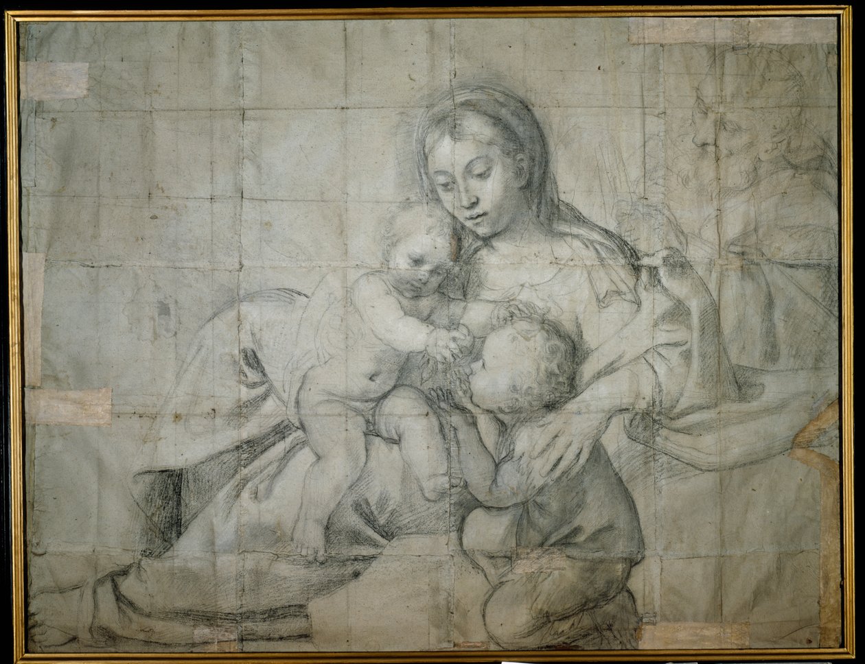 Helig familj i vila med spädbarnet Johannes Döparen (svart krita på papper) av Domenichino