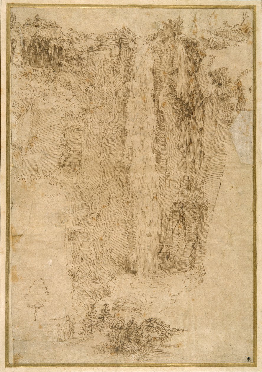 Landskap med en kaskad; vid foten, två män, en monterad (penna & brunt bläck på papper) av Domenichino