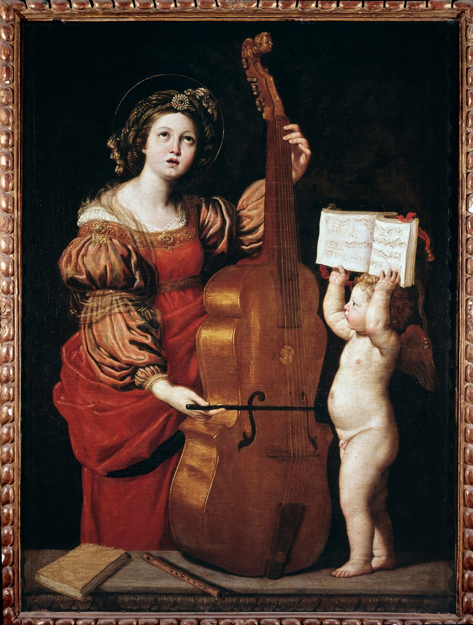 St Cecilia med en ängel som håller ett partitur (olja på duk av Domenichino