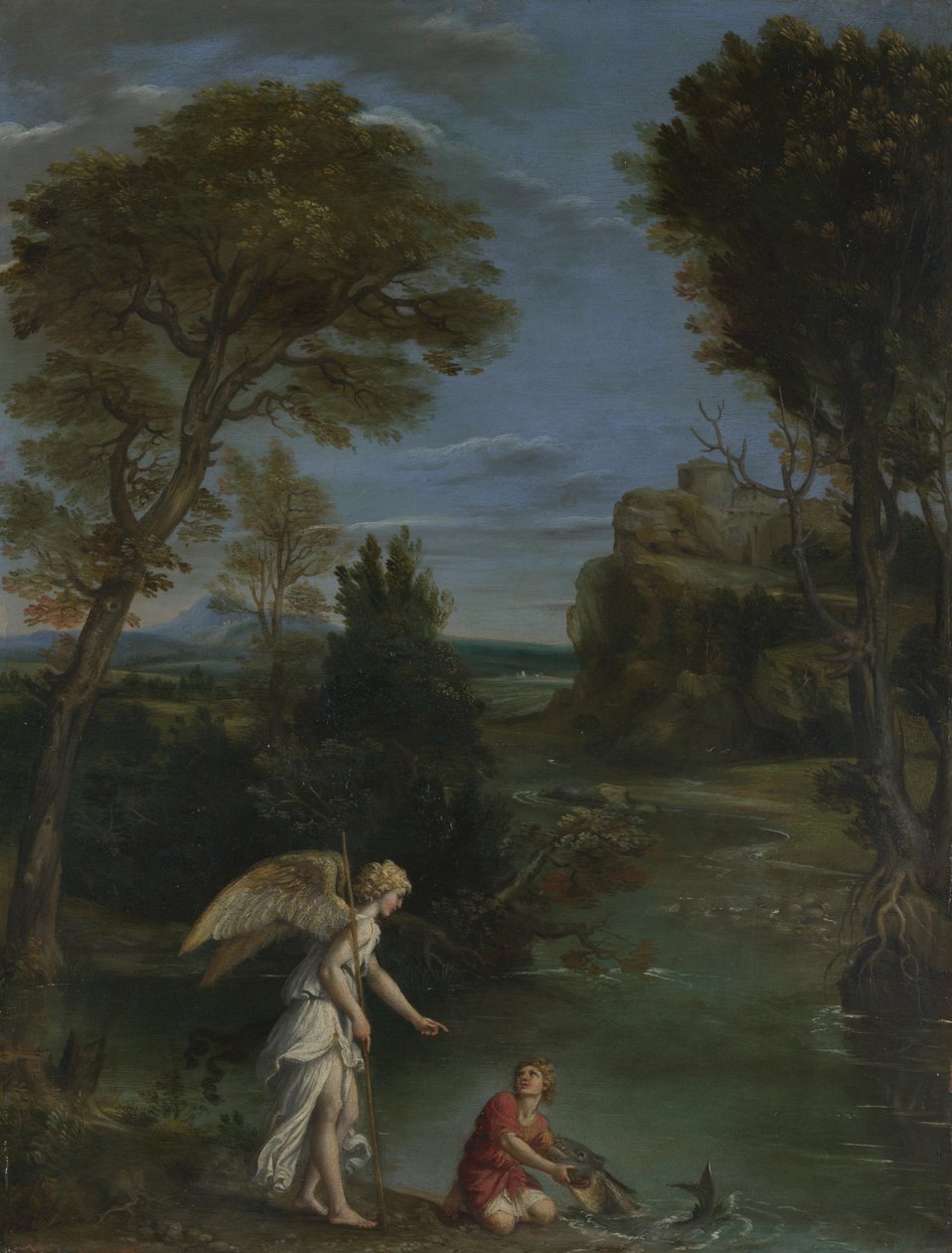 Landskap med Tobias som tar tag i fisken, ca. 1612 av Domenichino