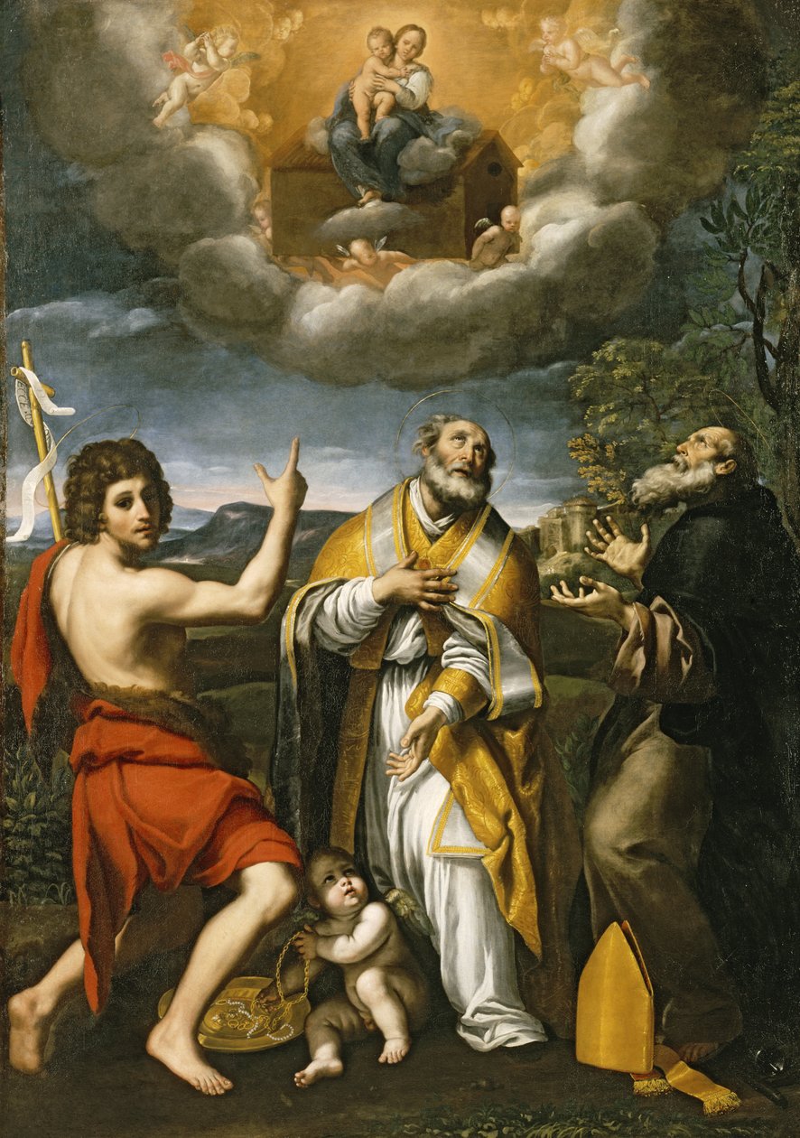 Madonnan av Loreto visar sig för Johannes Döparen, St Eligius och St Anthony Abbot, ca 1618-1620 av Domenichino