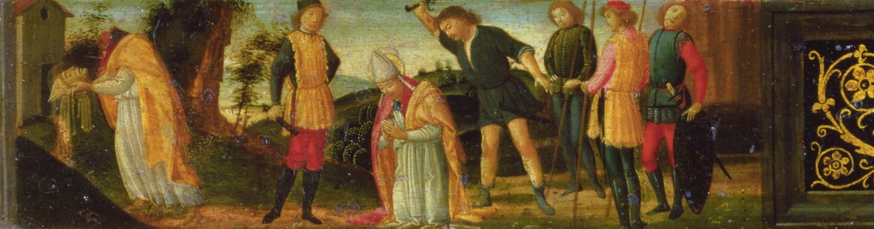 The Martyrdom of St. Denis (Dionysius) of Paris, del av predellapanelen som visar scener från helgonens liv från altartavlan av Madonnan och barnet som tronas med heliga (panel) av Domenico Ghirlandaio