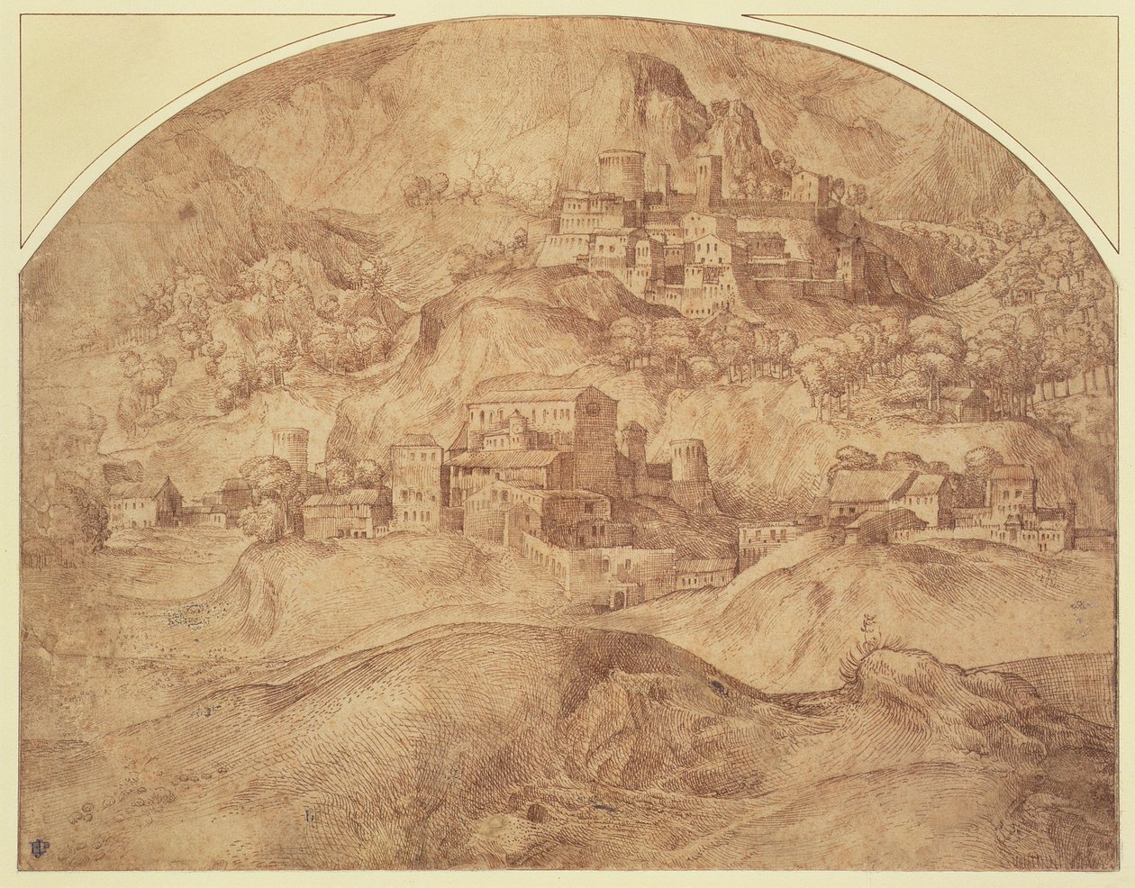 Bergigt landskap (penna och bläck) av Domenico Campagnola