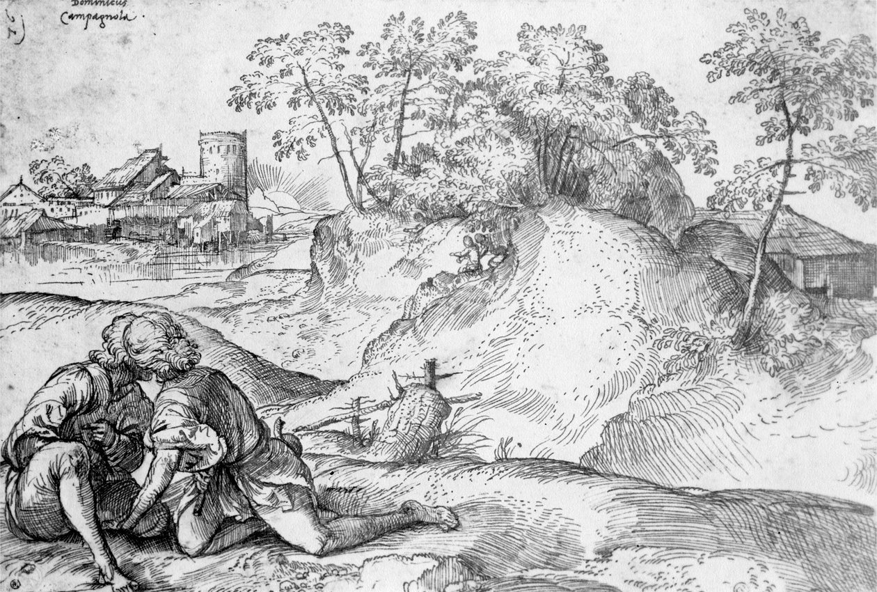 Ungdomar i ett landskap av Domenico Campagnola