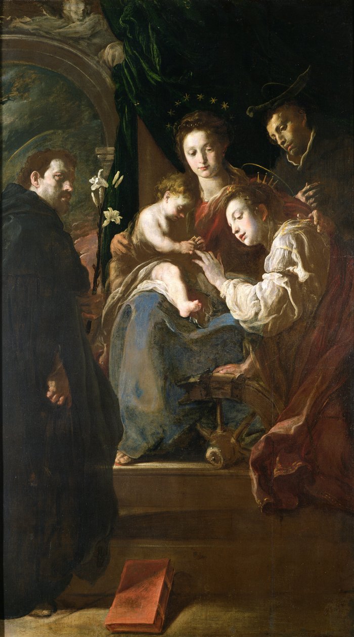 Mystiskt äktenskap mellan St. Katarina och Kristusbarnet med Peter Martyren, 1617-21 av Domenico Fetti or Feti