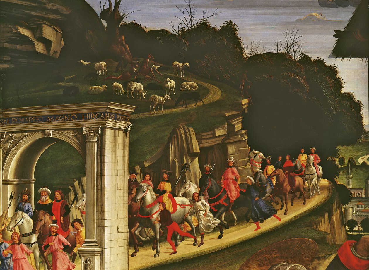 Tillbedjan av herdarna, detalj som visar magernas procession, 1485 (detalj av 85101) av Domenico Ghirlandaio