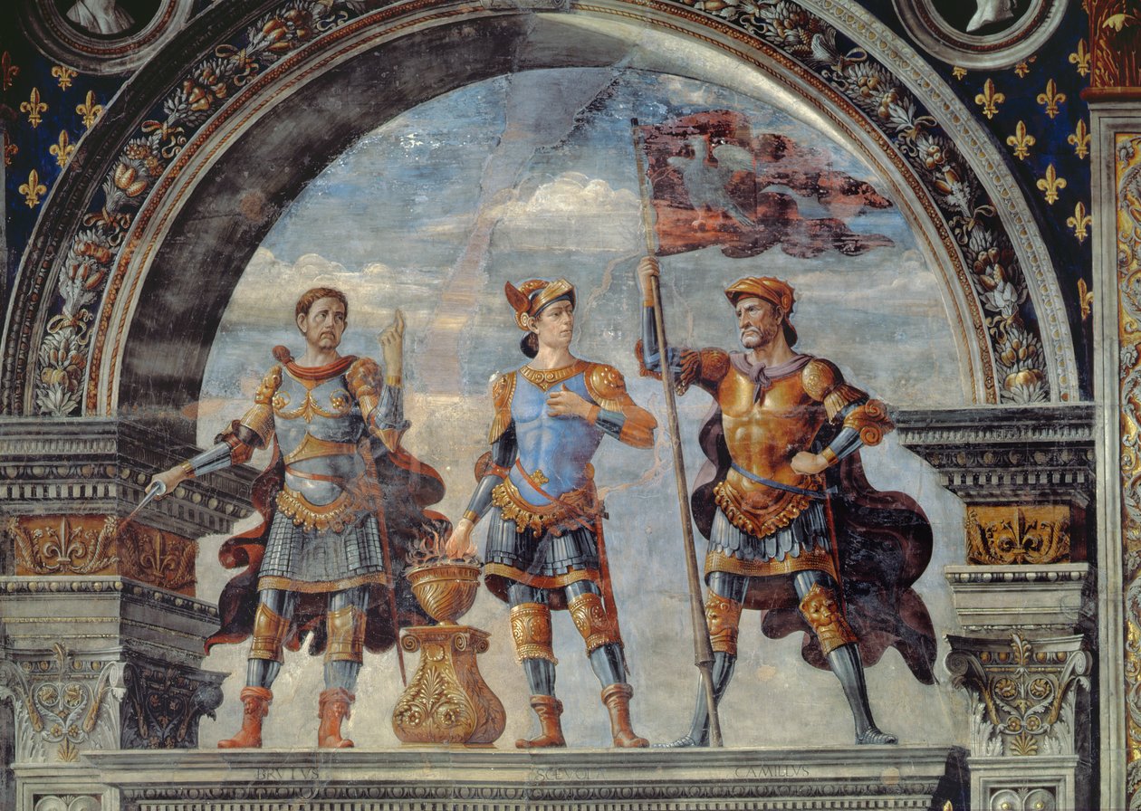Brutus, Mucius Scaevola och Furio Camillo, detalj från fresken i Sala dei Gigli, ca 1470 av Domenico Ghirlandaio