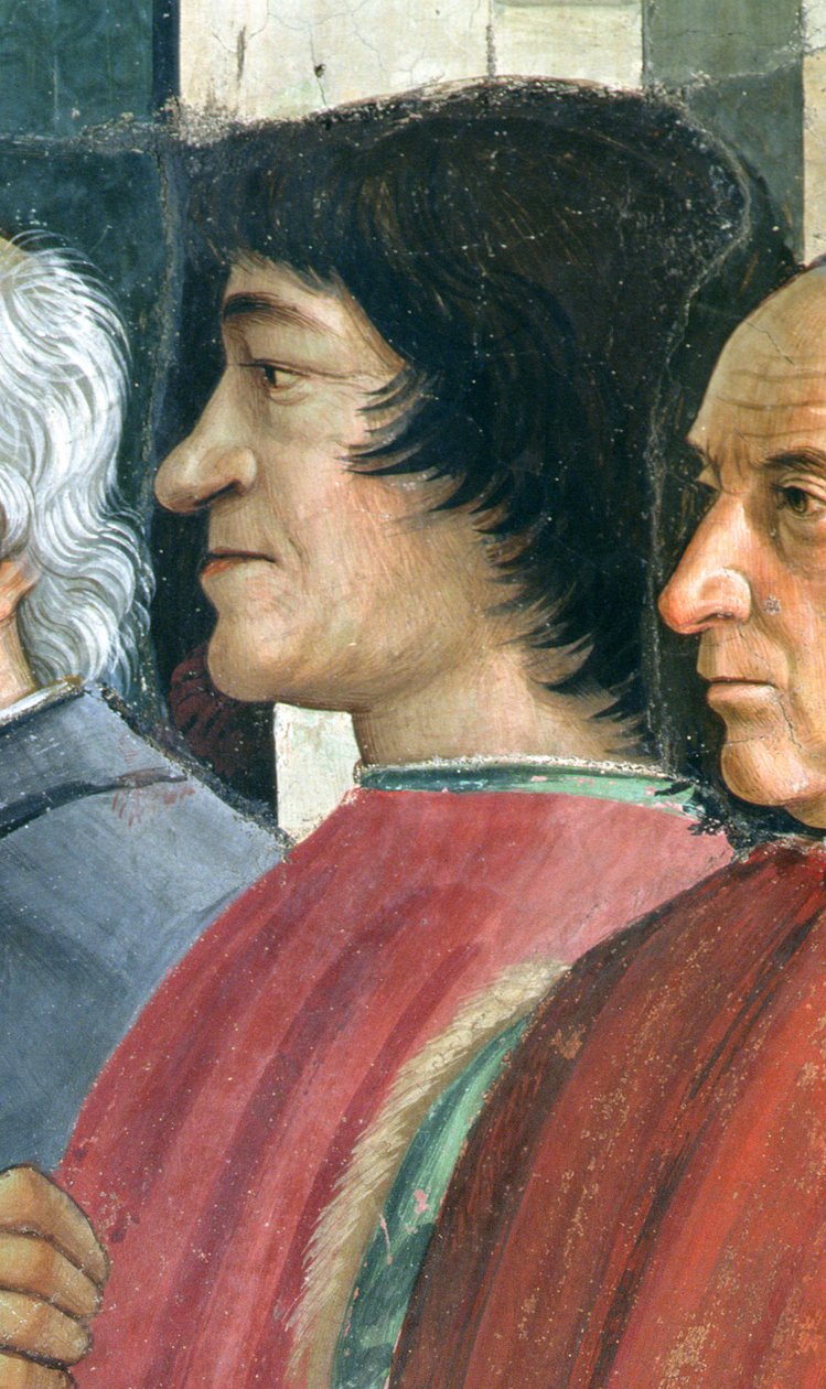 Lorenzo Medici, Detalj av den helige Franciskus som tar emot ordensregeln från påven Honorius, scen från cykeln av den helige Franciskus av Assisis liv, 1486 (detalj från 176888) av Domenico Ghirlandaio